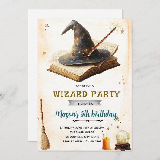 Wizard witch birthday party invitation (Devant / Derrière)