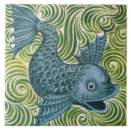 Wm De Morgan Blue Dolphin Tile (naar rechts gerich Tegeltje (Voorkant)