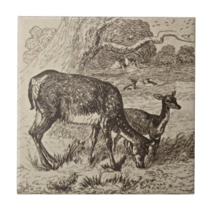 Wm Wise Minton Doe en Fawn Deer Antiek Repro Sepia Tegeltje