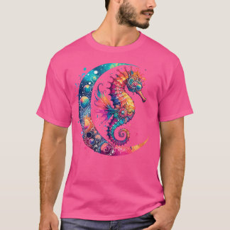 Wo Cosmic Celestial Seahorse Boho Moon T-shirt
