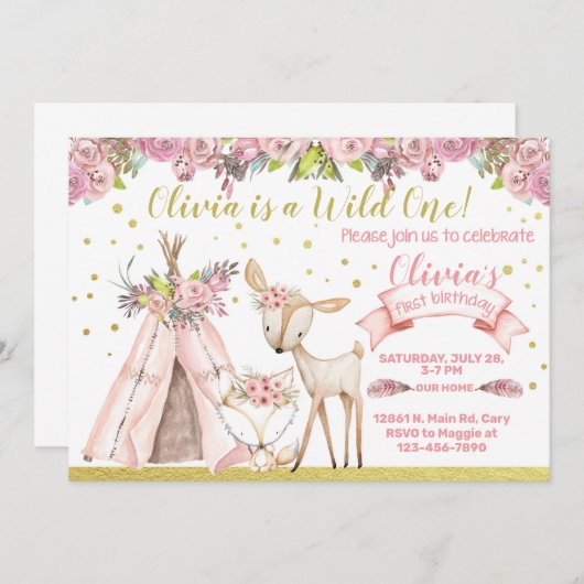 Woddland, cerf, renard, invitation d'anniversaire (Devant / Derrière)