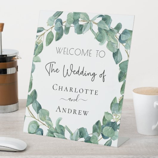 Woensdag welkome namen eucalyptus greenery reclamebord met voetstuk (Insitu)