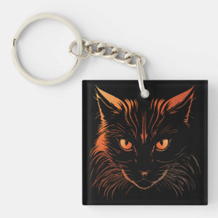 Woeste Illustratie van Kat met Oranje Ogen Sleutelhanger