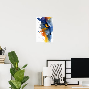 Woeste waterverf uil in blauw en oranje poster