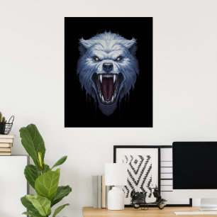 Woeste Witte Wolfskop Donkere Fantasie Illustratie Poster