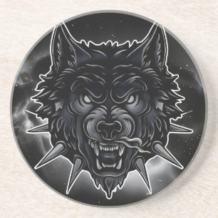 Woeste Wolf Illustratie met Stalen Halsband Zandsteen Onderzetter
