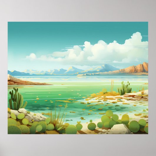 Woestijn bij de Zee Strand Cactus Schilderij Poster (Voorkant)