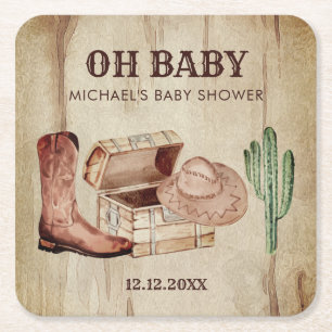 Woestijn Cactus Baby Cowboy Hoed Schoenen Feest Vierkante Kartonnen Onderzetter