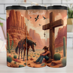 Woestijn Cowboy Gebed Kruis Paard Serene Thermosbeker