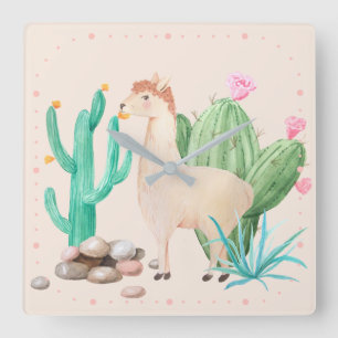 Woestijn Lama Cactus Bloemen Vierkante Klok