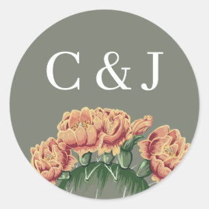 Woestijnbloeiende cactus bruiloft paar Initialen Ronde Sticker