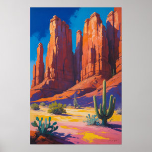 Woestijnkloof met rode rotsformaties en cactus poster