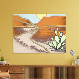 Woestijnlandschap met Cactus en Old Road Canvas Afdruk