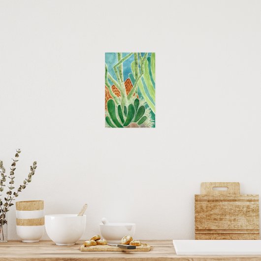 Woestijnlandschap met cactus-Waterverf afdrukken Poster (Keuken)