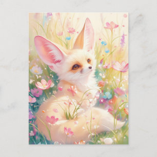 Woestijnvos in zonnige roze wilde bloemenweide briefkaart