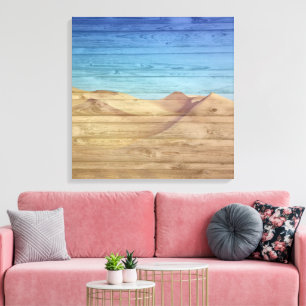 Woestijnzandduinen Mooie Blauwe Lucht Op Houtnerf Canvas Afdruk