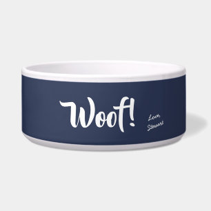 Wof Cute Text Navy Blue & White Personal Pet Voerbakje