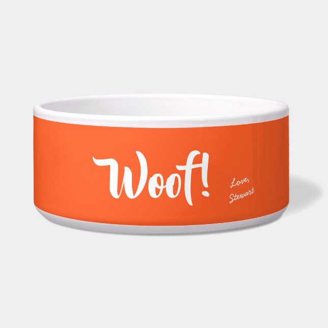Wof Cute Text Oranje & White Personalized Pet Voerbakje (Voorkant)