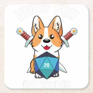 Wof Initiative Funny Corgi Dog D20 Rpg Gamer Gif Vierkante Kartonnen Onderzetter