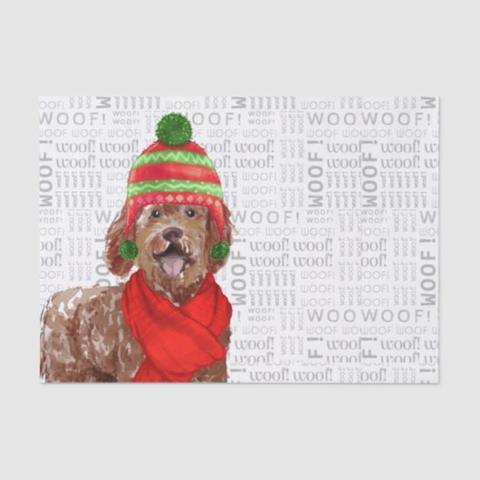 Wof Word Art en Brown Labradoedle Dog Kerstmis Tissuepapier (Voorkant)
