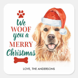 Wof You Merry Kerstcute Dog Golden Retriever Vierkante Sticker