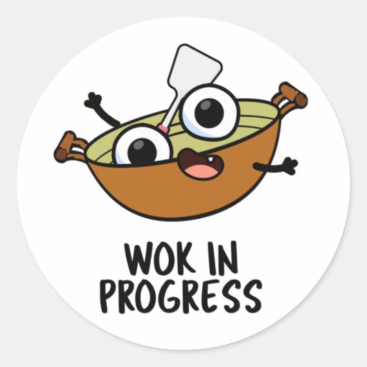 Wok in Progress Funny Cooking Pun Ronde Sticker (Voorkant)