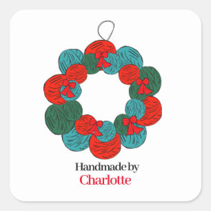 Wol ballen pompon kerstkrans handgemaakt vierkante sticker