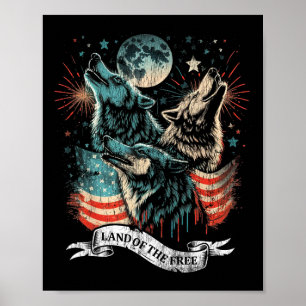 Wolf 4 juli Amerikaanse vlag huilend Amerika Moo Poster