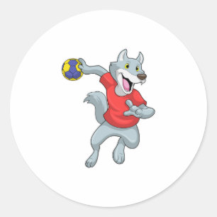 Wolf als handballspeler met handbal ronde sticker