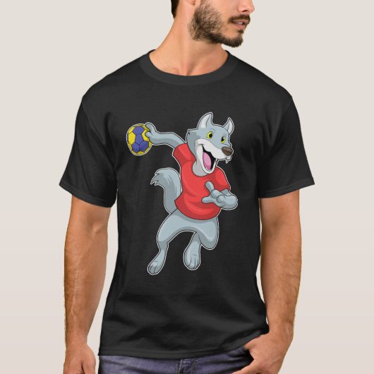 Wolf als handballspeler met handbal t-shirt (Voorkant)