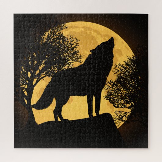 Wolf and Moon Black and Yellow Jigsaw Puzzle (Vertical)