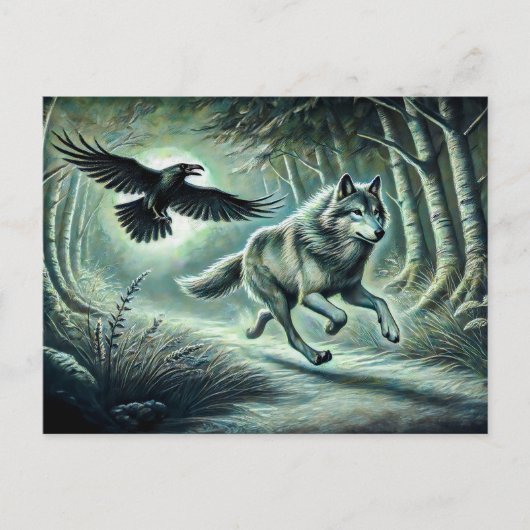 Wolf and Raven in Moonlight Briefkaart (Voorkant)
