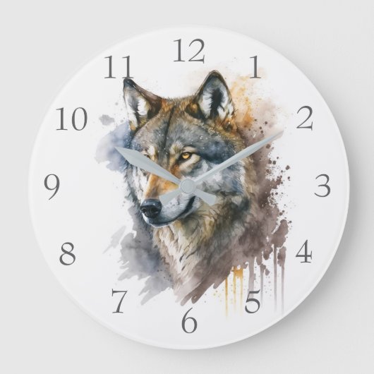 Wolf aquarelschilderij grote klok (Voorkant)