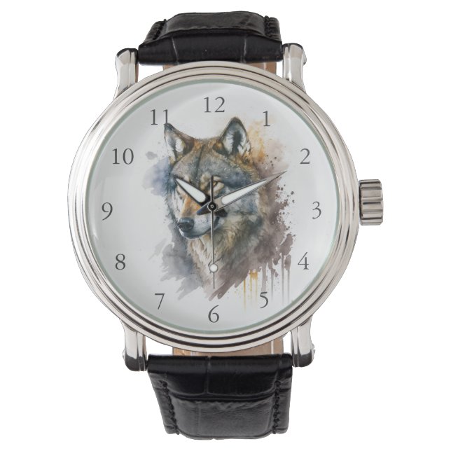 Wolf aquarelschilderij horloge (Voorkant)