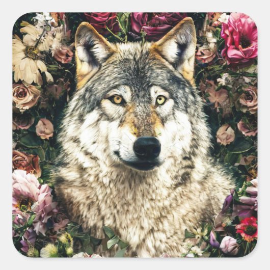 Wolf bloemen vierkante sticker (Voorkant)