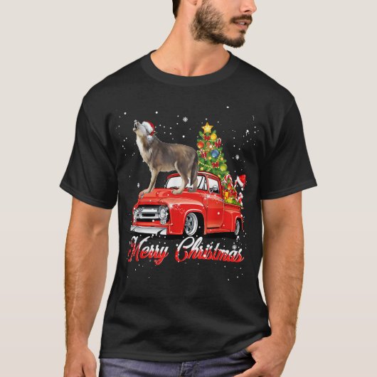 Wolf Christmas Tshirt Wolf Dog Riding Red Truck Ch (Devant)