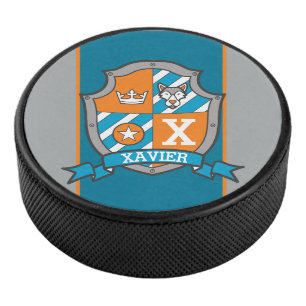 Wolf crest, aangepaste naam oranje blauw monogramm hockey puck