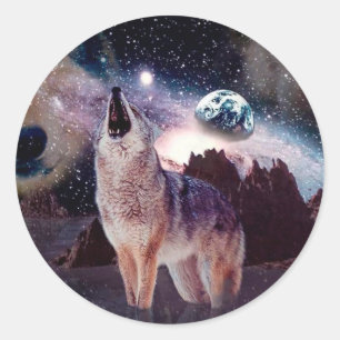 Wolf die door het universum glijdt ronde sticker