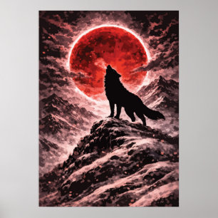 Wolf die huilt in het licht van de rode maan - Jap Poster