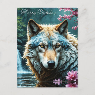 Wolf die in rivier staat met bloemen Verjaardag Briefkaart