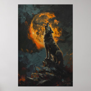 Wolf die naar een oranje volle maan huilt Afdrukba Poster