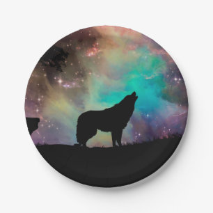Wolf die naar het universum kijkt papieren bordje
