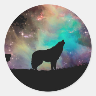 Wolf die naar het universum kijkt ronde sticker