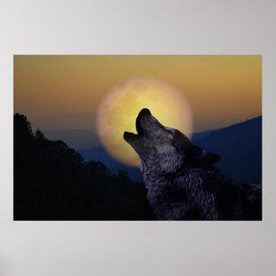 Wolf die op de maan huilt poster