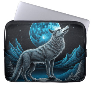 Wolf die voor de volle maan staat   AI-art Laptop Sleeve