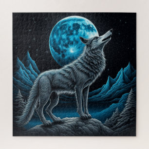Wolf die voor de volle maan staat AI-art Legpuzzel