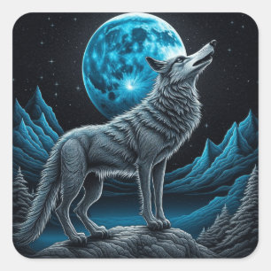 Wolf die voor de volle maan staat AI-art Vierkante Sticker