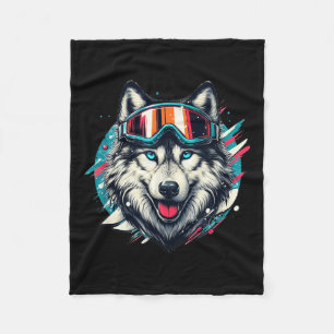 Wolf draagt skibril voor sneeuwboarden Wolf Skiën  Fleece Deken
