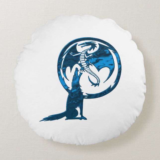 Wolf & Dragon Blue ronde poly werpt kussens (Voorkant)