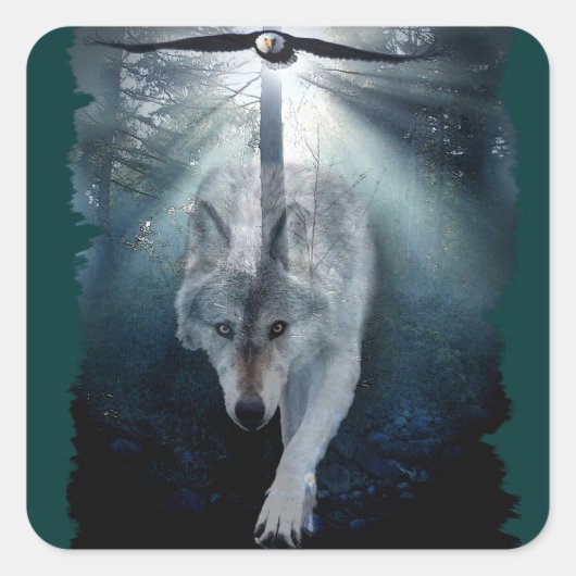 Wolf & Eagle Clans Wildlife Art Vierkante Sticker (Voorkant)